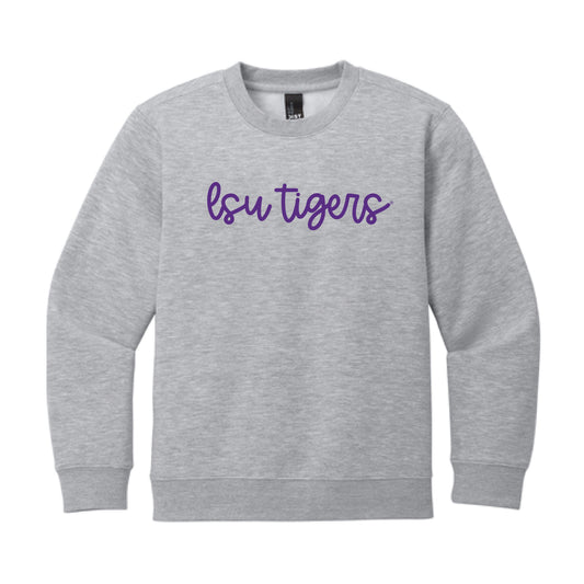 The LSU Tigers Cursive | Youth Light Grey Heather Sweatshirt