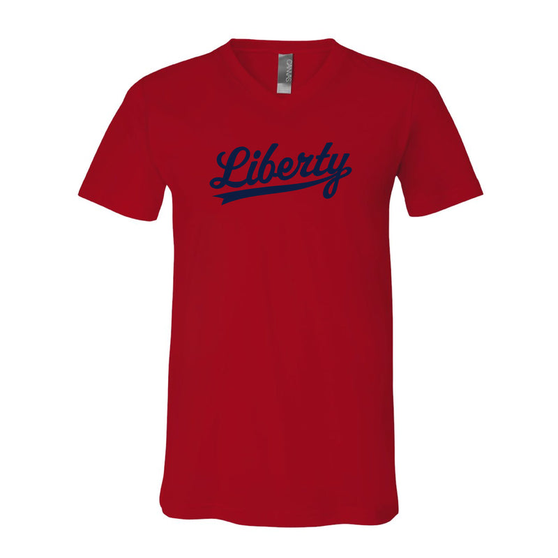 The Liberty Script Logo | Red V-Neck Tee