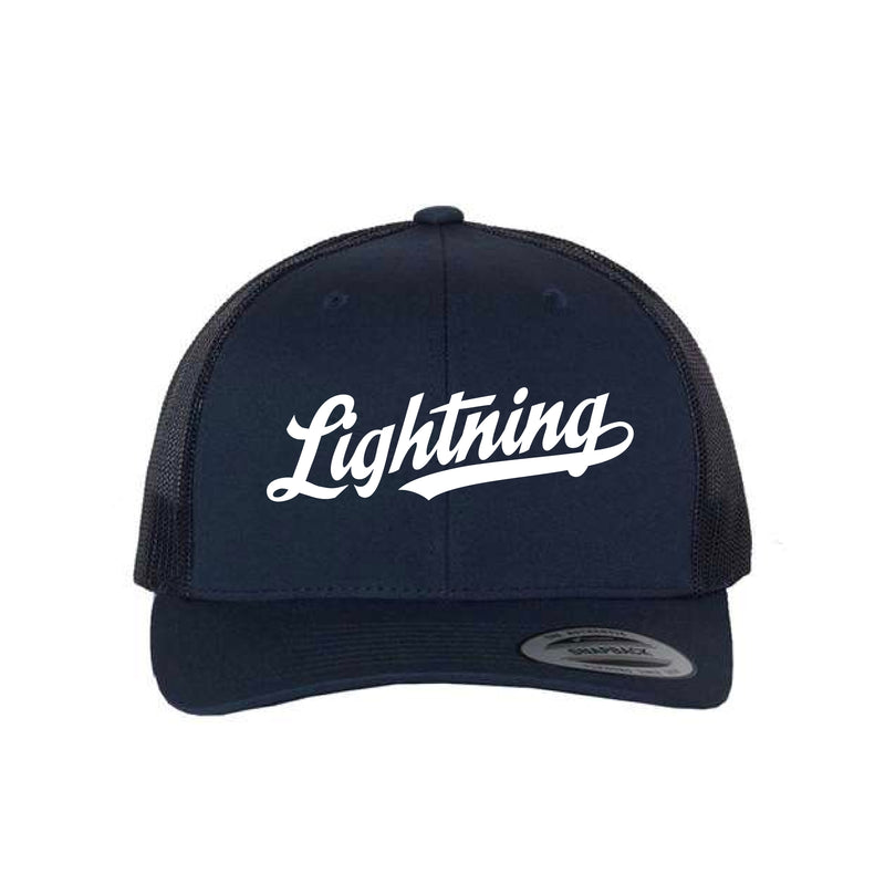 The Lightning Script 3D Puff | Embroidered Navy Retro Trucker Cap