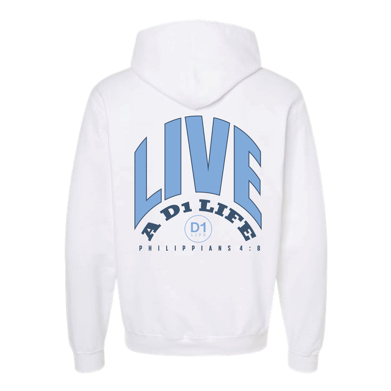 The Live the D1 Life Bold Back | White Oversized Hooded Sweatshirt