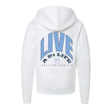 The Live A D1 Life Bold Back | White Youth Hooded Sweatshirt