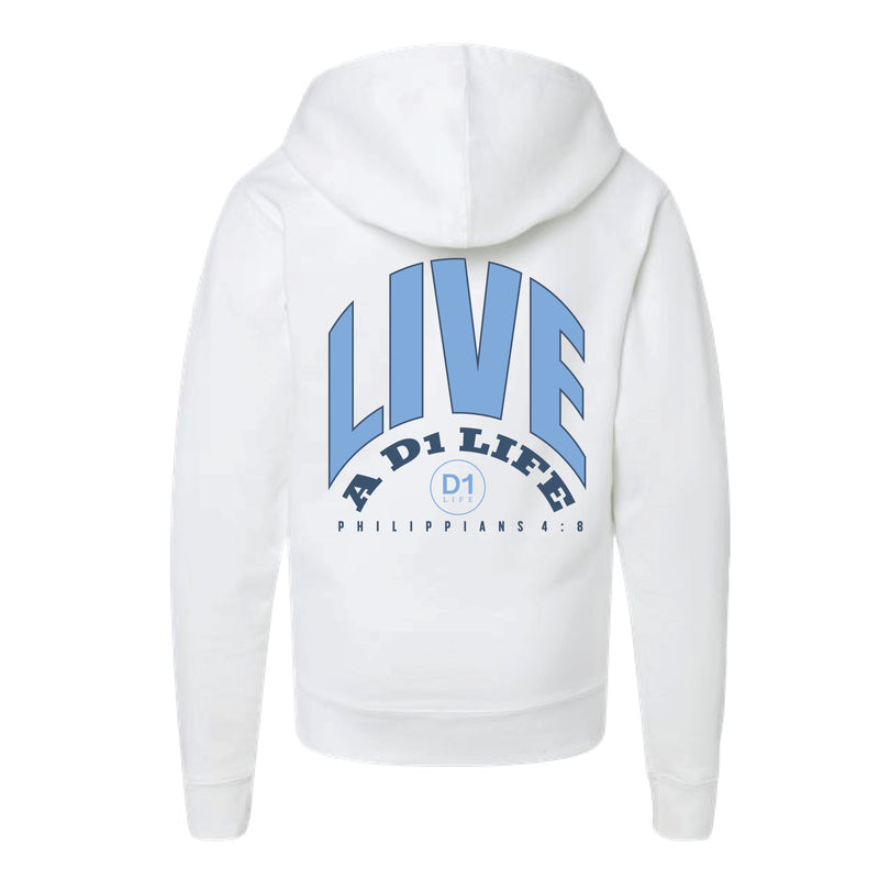 The Live A D1 Life Bold Back | White Youth Hooded Sweatshirt