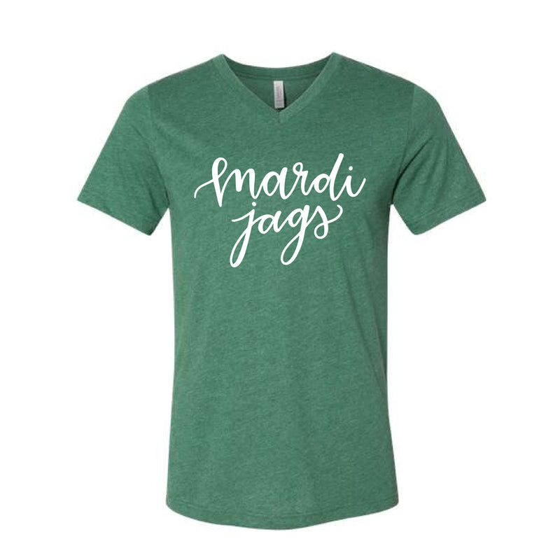 The Mardi Gras Script | Adult Heather Grass Green V-Neck Tee