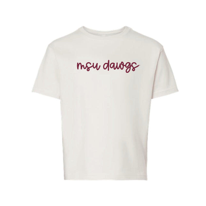 The MSU Dawgs Cursive | Youth Vintage White Tee