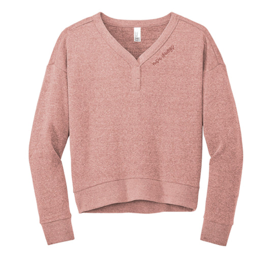 The MSU Dawgs Cursive  | Embroidered Blush Frost V-Neck Sweatshirt