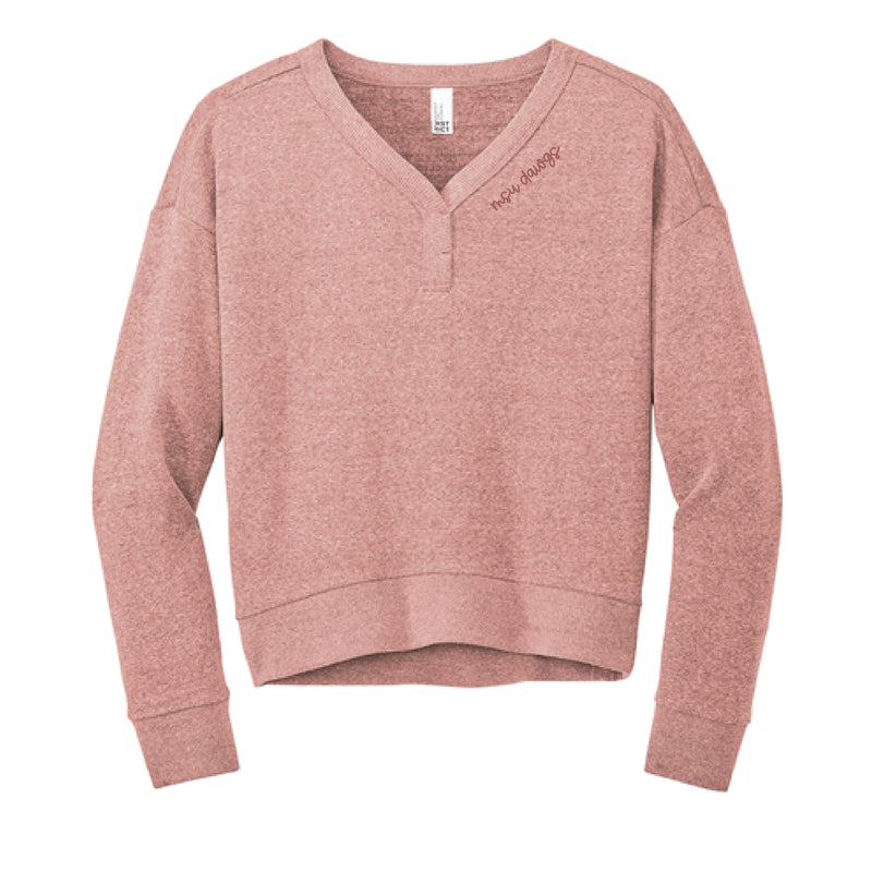 The MSU Dawgs Cursive  | Embroidered Blush Frost V-Neck Sweatshirt