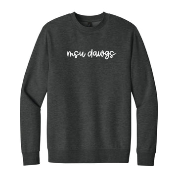 The MSU Dawgs Cursive | Embroidered Heather Charcoal Crew Sweatshirt