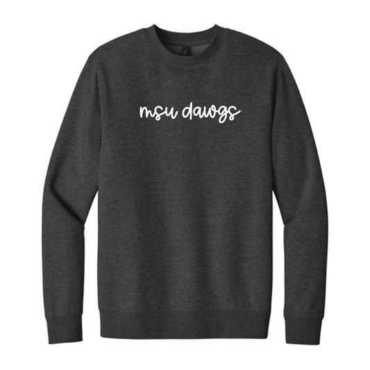 The MSU Dawgs Cursive | Embroidered Heather Charcoal Crew Sweatshirt