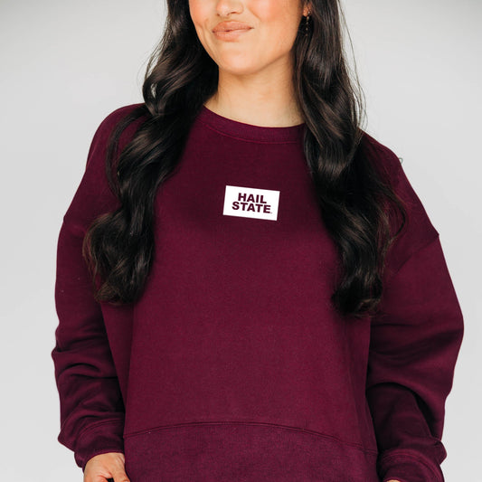 The Becca Crewneck Hail State Woven Label | Deep Maroon
