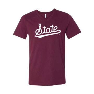 The State Baseball Script | Maroon V-Neck Tee