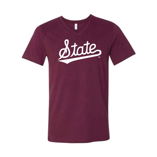 The State Baseball Script | Maroon V-Neck Tee