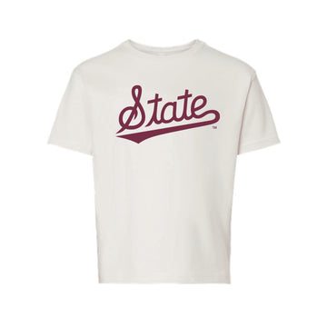 The State Baseball Script | Youth Vintage White Tee