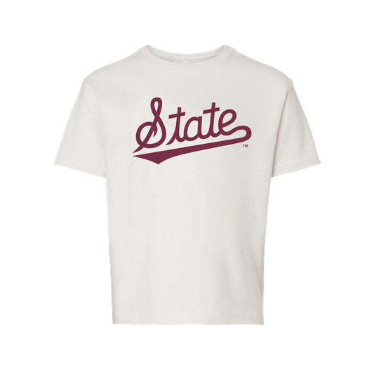 The State Baseball Script | Youth Vintage White Tee