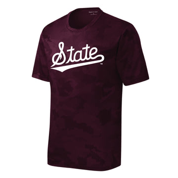 The State Baseball Script | Youth Maroon Performance Tee