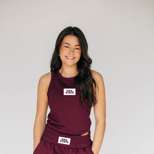 The Alli Airy Tank Hail State Woven Label | Deep Maroon