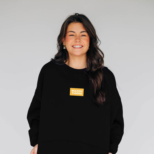 The Becca Boxy Crewneck Missouri Tigers Woven Label | Black