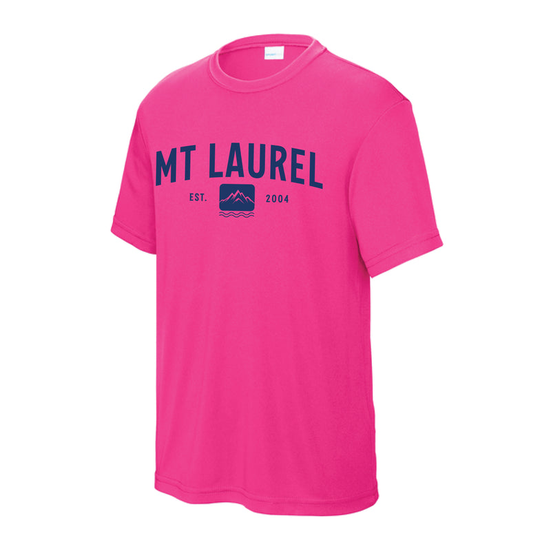 The Mt. Laurel Est Arch | Youth Neon Pink Performance Tee