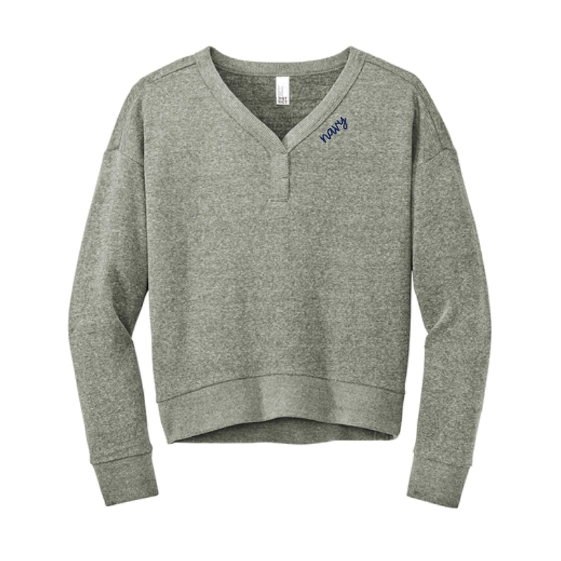 The Navy Script | Embroidered Adult Grey Frost V-Neck Sweatshirt