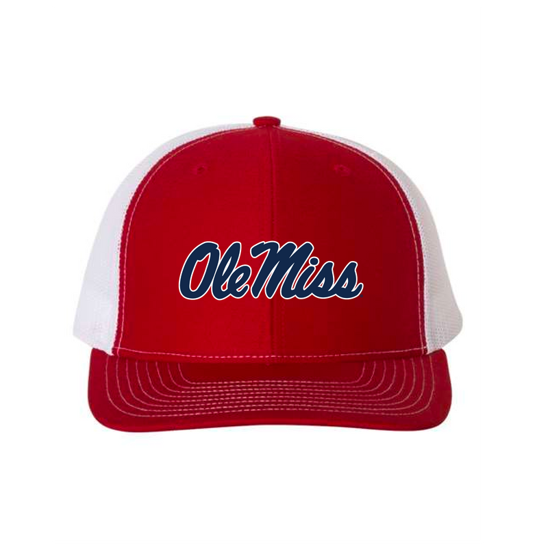The Ole Miss Script Logo Embroidered | Red-White Richardson Trucker Cap