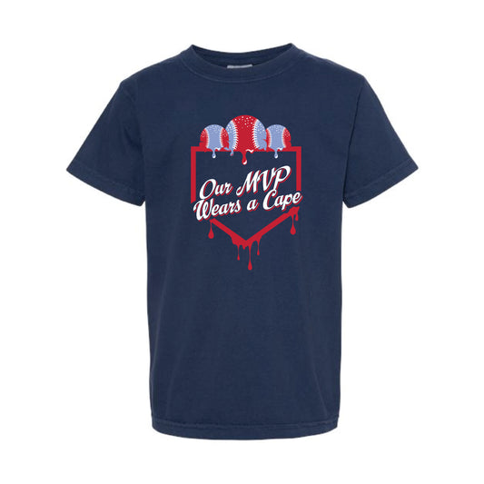 The Our MVP Wears a Cape | Youth True Navy Tee
