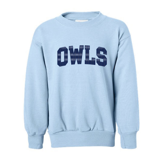 The Owl's Plaid | Youth Light Blue Crewneck Sweatshirt
