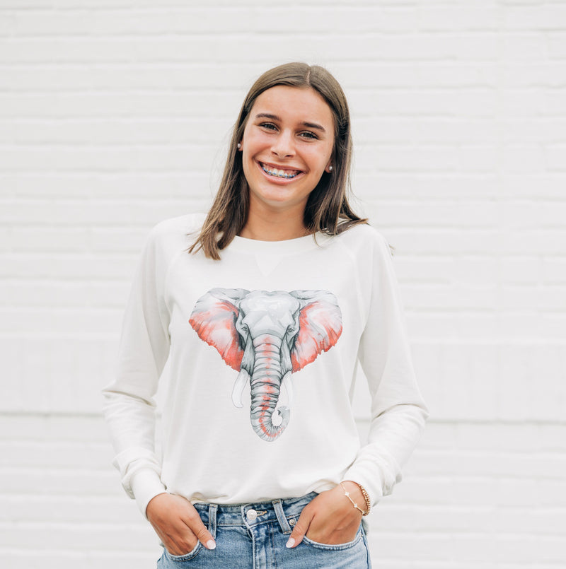 Watercolor Elephant Crimson & Grey | Gardenia Lightweight Crewneck