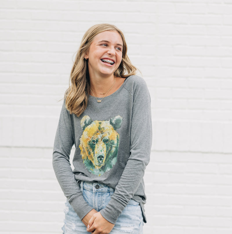 Watercolor Bear Green & Gold | Grey Frost Long Sleeve Tunic Tee