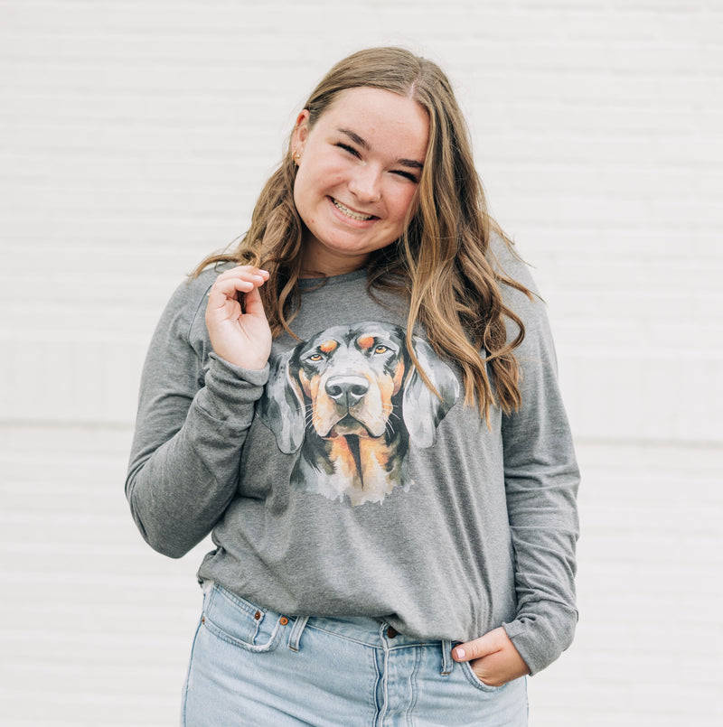 Watercolor Hound Dog Orange & Grey | Grey Frost Long Sleeve Tunic Tee