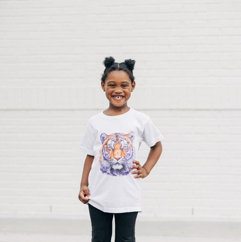 Watercolor Tiger Purple & Orange | Youth White Tee