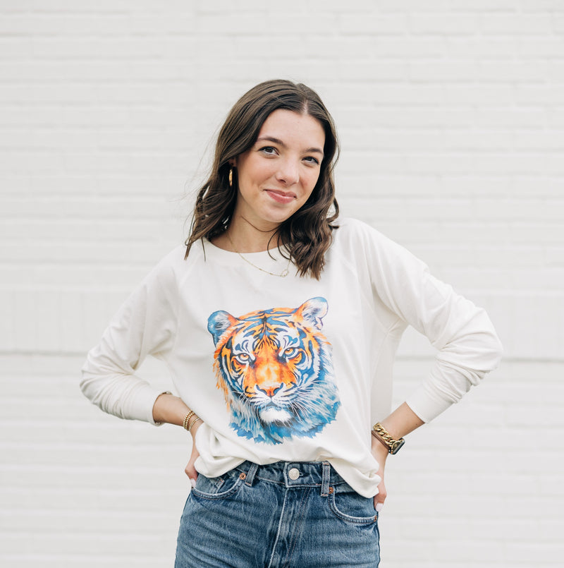 Watercolor Tiger Orange & Blue | Gardenia Lightweight Crewneck