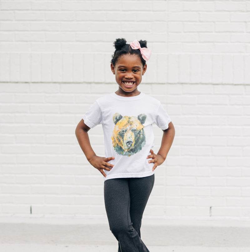 Watercolor Bear Green & Gold | Youth White Tee