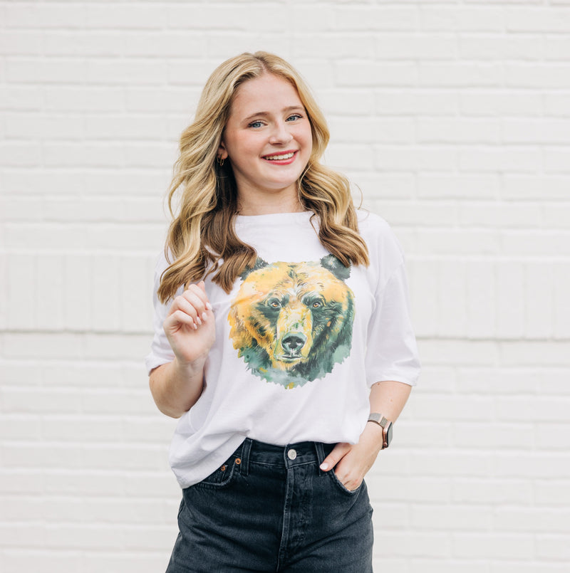 Watercolor Bear Green & Gold | White Boxy Tee