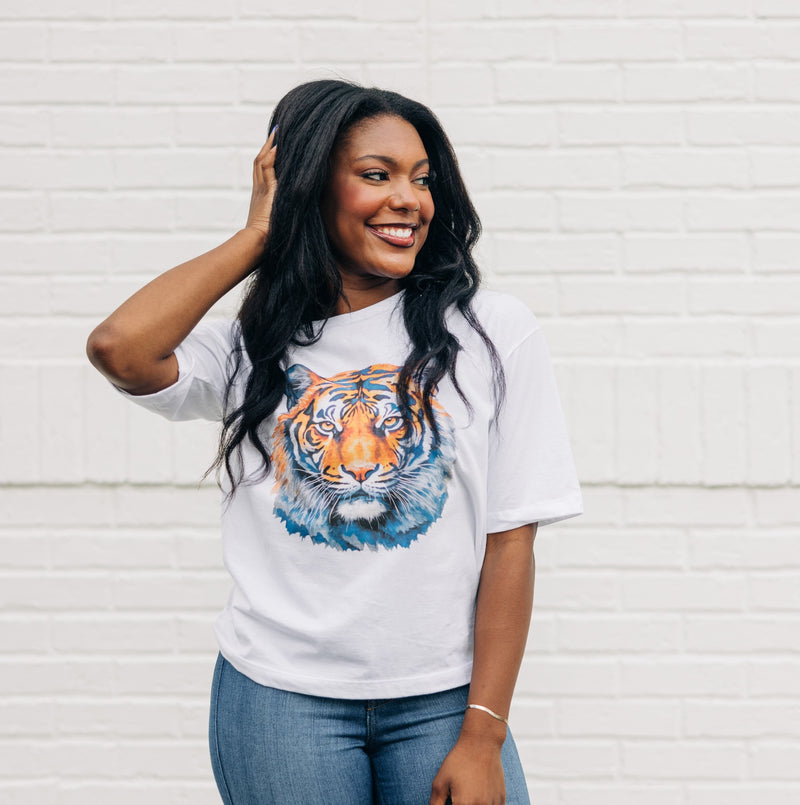 Watercolor Tiger Orange & Blue | White Boxy Tee