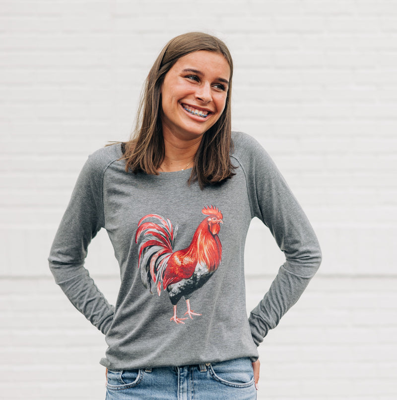 Watercolor Rooster Red & Black | Grey Frost Long Sleeve Tunic Tee