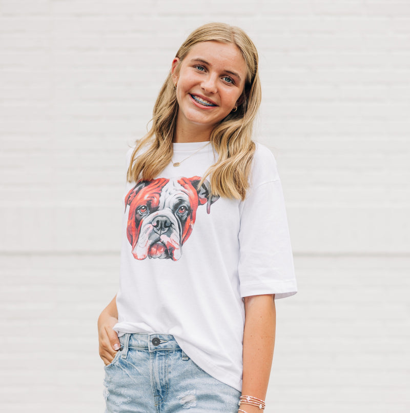 Watercolor Bulldog Red & Black | White Boxy Tee