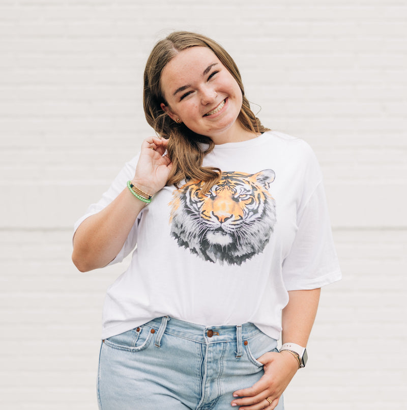 Watercolor Tiger Gold & Black | White Boxy Tee