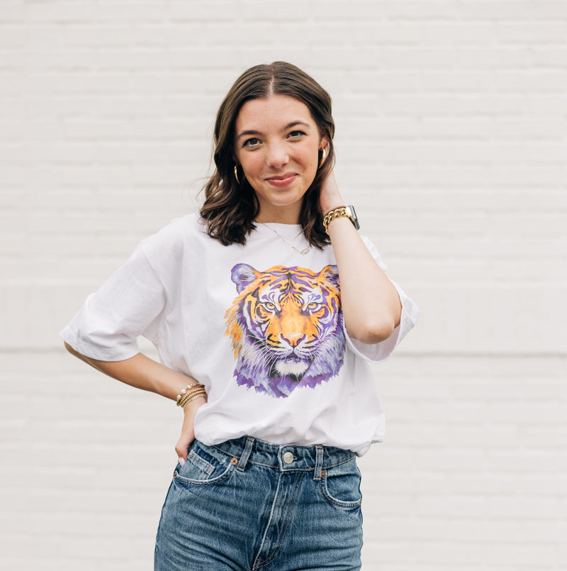 Watercolor Tiger Purple & Gold | White Boxy Tee