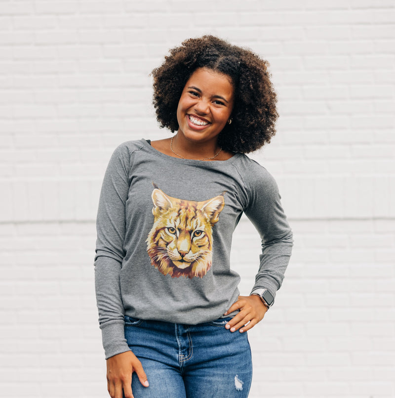 Watercolor Bobcat Maroon & Gold | Grey Frost Long Sleeve Tunic Tee