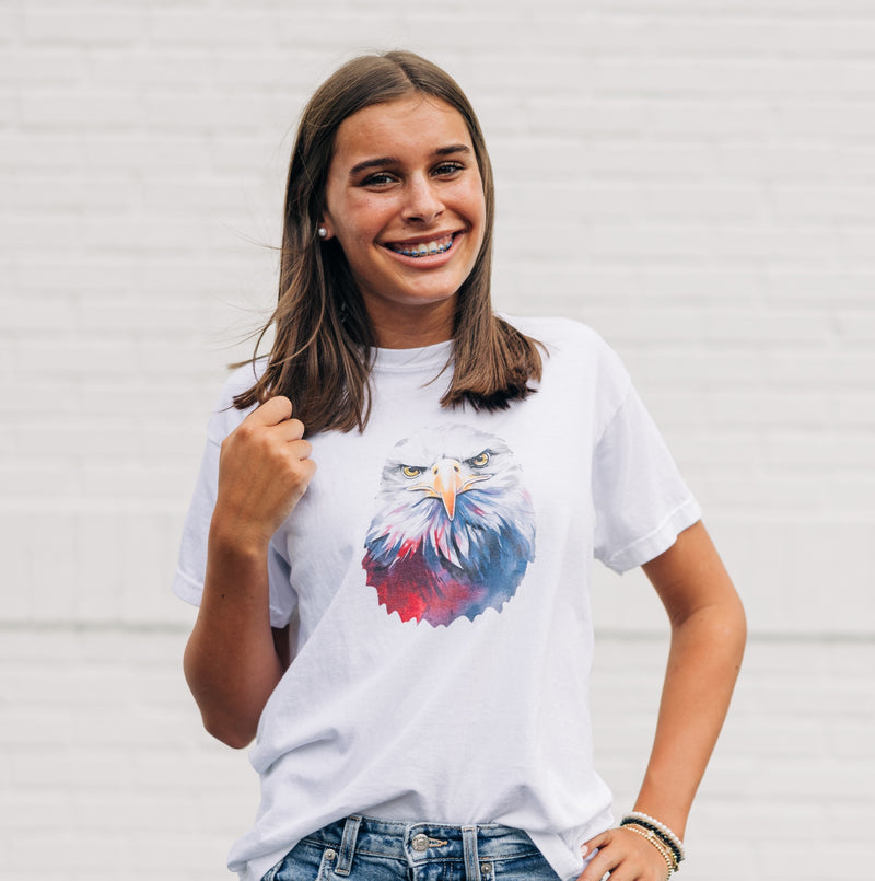 Watercolor Eagle Red & Blue | Youth White Tee