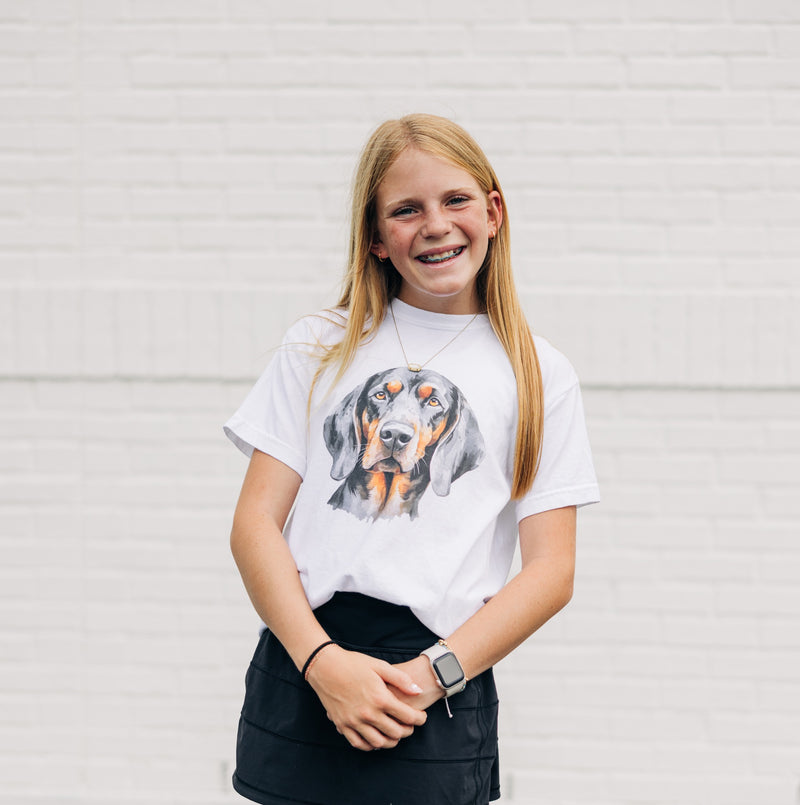 Watercolor Hound Dog Orange & Grey | Youth White Tee