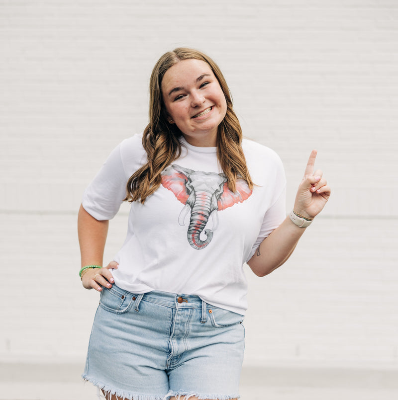 Watercolor Elephant Crimson & Grey | White Boxy Tee