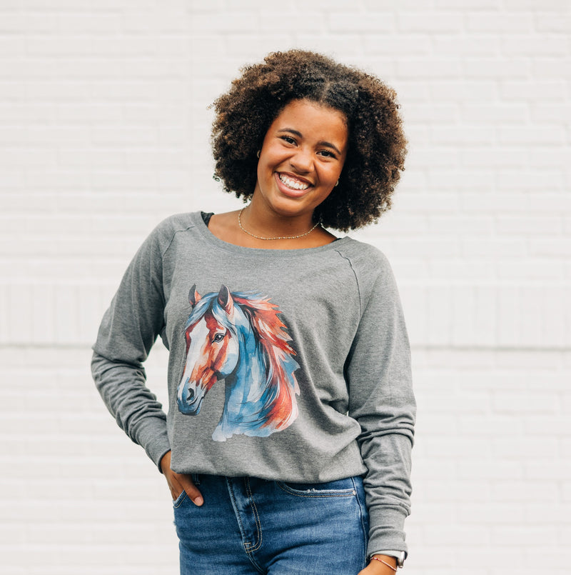 Watercolor Mustang Red & Blue | Grey Frost Long Sleeve Tunic Tee