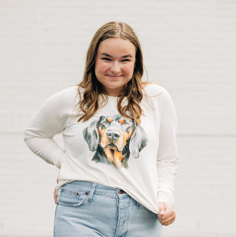 Watercolor Hound Dog Orange & Grey | Gardenia Lightweight Crewneck