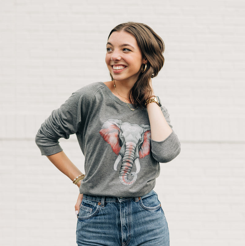 Watercolor Elephant Crimson & Grey | Grey Frost Long Sleeve Tunic Tee