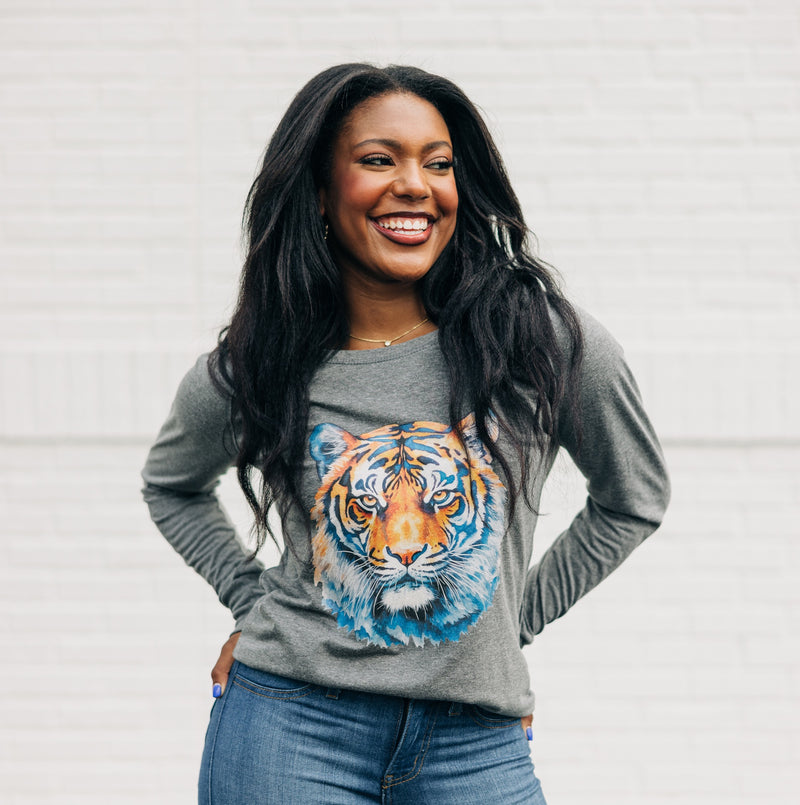 Watercolor Tiger Orange & Blue | Grey Frost Long Sleeve Tunic Tee