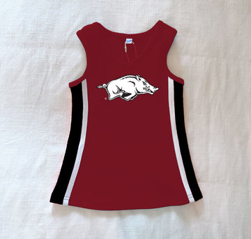 The University of Arkansas | Deep Red Power Stripe V-Neck Cheer Dress *LOGO MISPRINT*