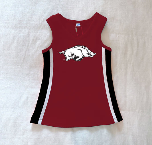 The University of Arkansas | Deep Red Power Stripe V-Neck Cheer Dress *LOGO MISPRINT*