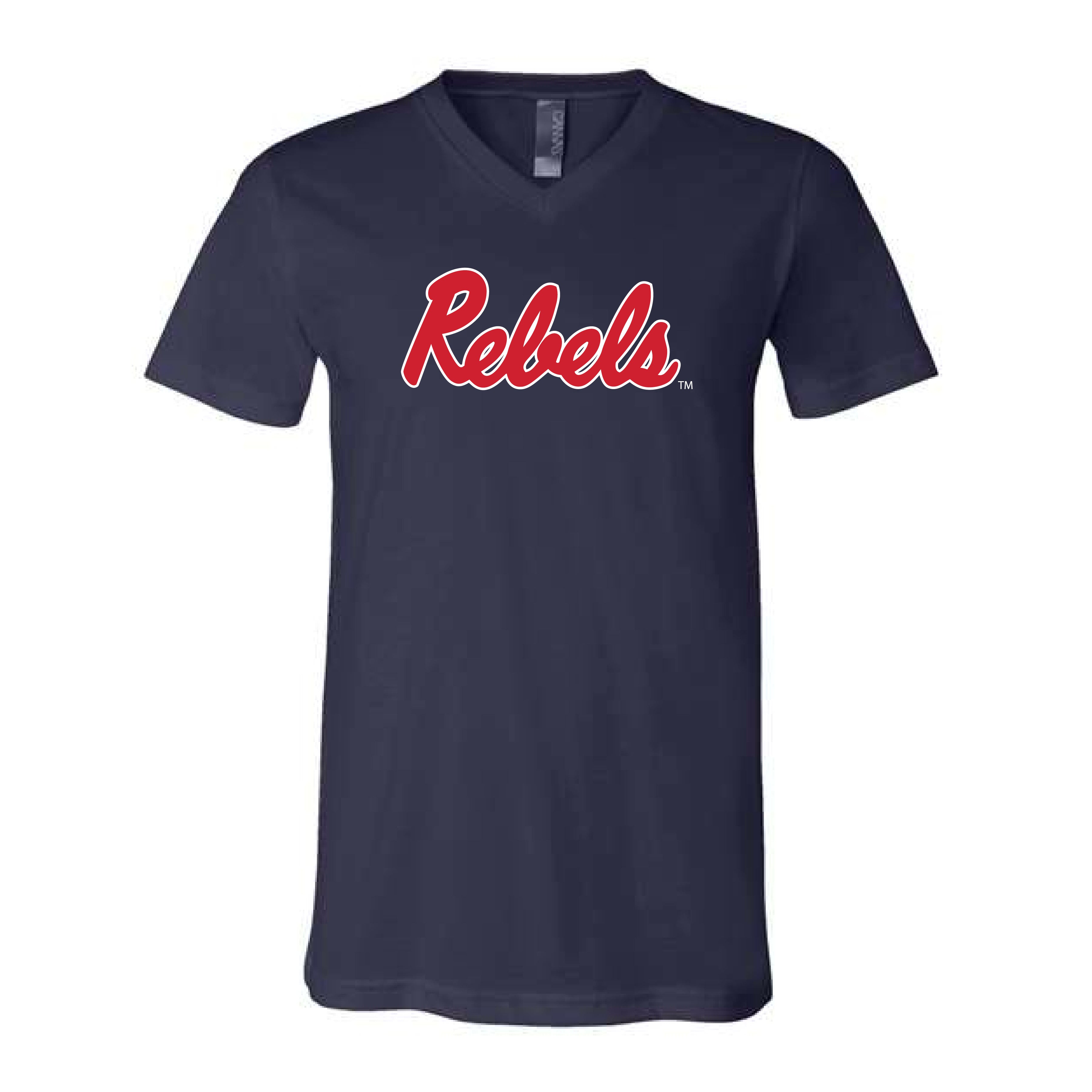The Rebels Script Logo | Navy V-Neck Tee – Scarlet & Gold