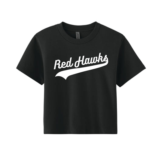 The Red Hawks Swoosh | Women's Black Boxy Tee