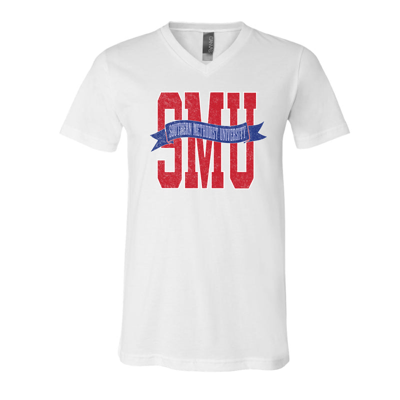 The SMU Banner | White V-Neck Tee